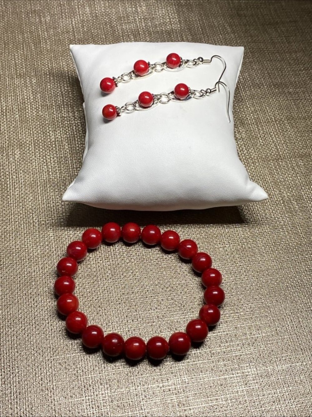 Red Dyed Coral Beaded Bracelet & Matching Dangle Earrings Set 8.5mm / 6.5mm